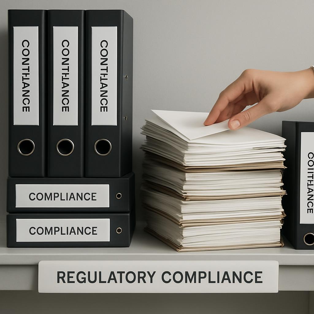 A person is stacking a pile of papers, with three ring binders of administrative documents including one labeled "COMPLIAN...