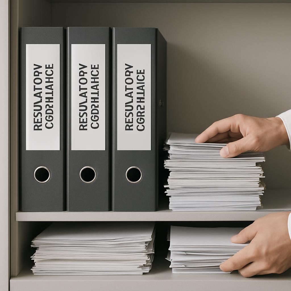 A person organizing a shelf of filled legal binders and stacks of paper, holding an armload of additional stacks.