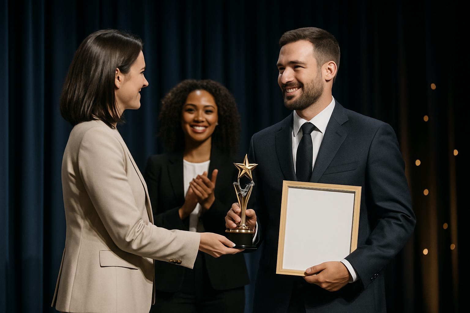 A diverse group of businesspeople, a man and woman and one partially obscured behind the man, is receiving an award.