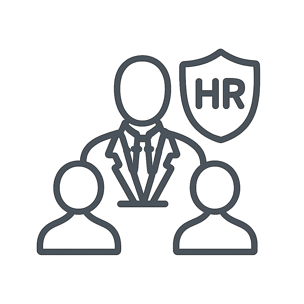 This infographic depicts an icon of a suited man standing between two smaller figures, with an HR shield behind him. The t...
